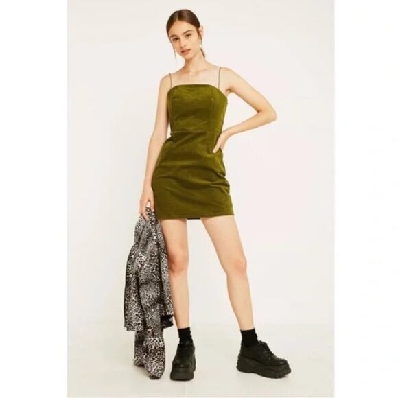 Urban Outfitters Dresses & Skirts - Urban Outfitters Corduroy Mini Dress Army Green Elastic Spaghetti Straps size 6